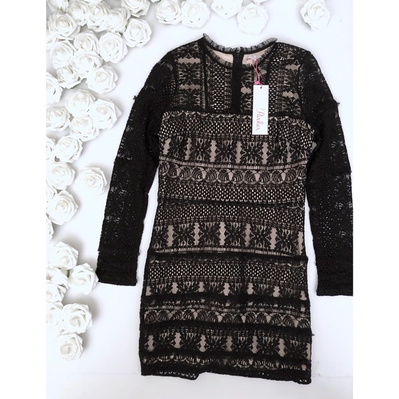Parker Black Lace and Nude Ruffle Contrast Dress - Picture 2 of 8